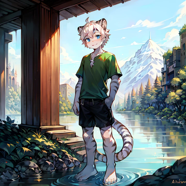 teenager, Short white hair, ear, Lower Body, riverside，Standing，hairy, White hair everywhere, White hair everywhere, White Tiger, Tiger Tail, masterpiece, High quality portrait, Humanoid,  youth style, posture, panoramic, White Tiger型, Green short sleeves, Black shorts, super Handsome face, Handsome, Tiger Youth, blue eyes, White Tiger, white ear,  barefoot