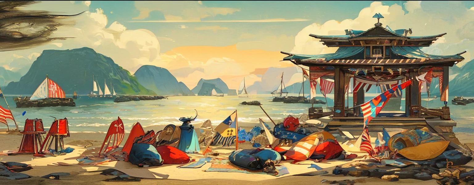  festivals, flags,Blue Coast, beach, by Bill_Brauer, best quality, masterpiece, very aesthetic, perfect composition, intricate details, ultra-detailed