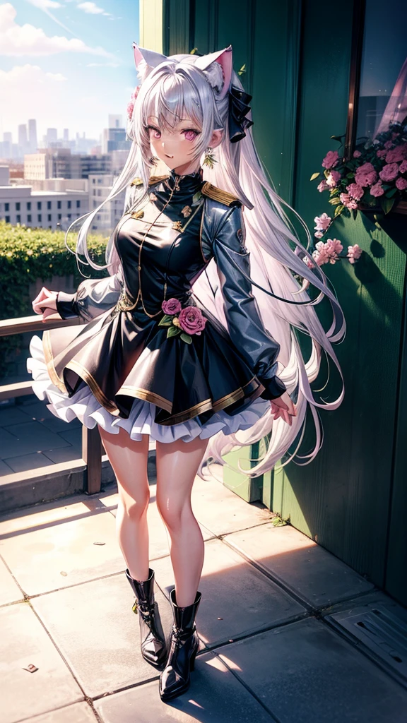 Silver hair, pink eyes, body, cat ears, sexy girl, earrings, flower sky background, green gold uniform, hair bows, bend over, happy face, full body