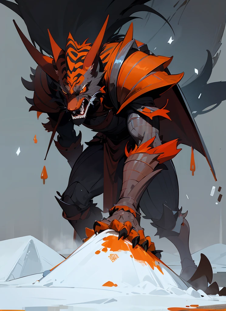 1Big orange royal tigerhuman, scarry,red blood ,big claw, hunger, frozen blackground, stronger, animal, stand on to legs, big, old,snow cloth, lycan, fantasy, wearing armor coat, 