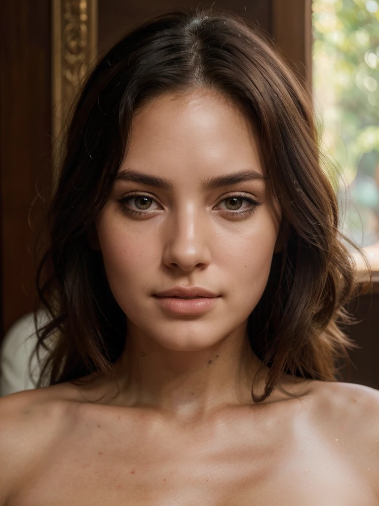 beautiful woman, detailed and hyper-realistic face, perfect facial proportions, smooth and flawless skin, captivating eyes, defined eyebrows, delicate nose, luscious lips, (best quality,4k,8k,highres,masterpiece:1.2),ultra-detailed,(realistic,photorealistic,photo-realistic:1.37),cinematic lighting, warm color tones, natural lighting, intricate detail, highly realistic, digital art, oil painting style, portrait