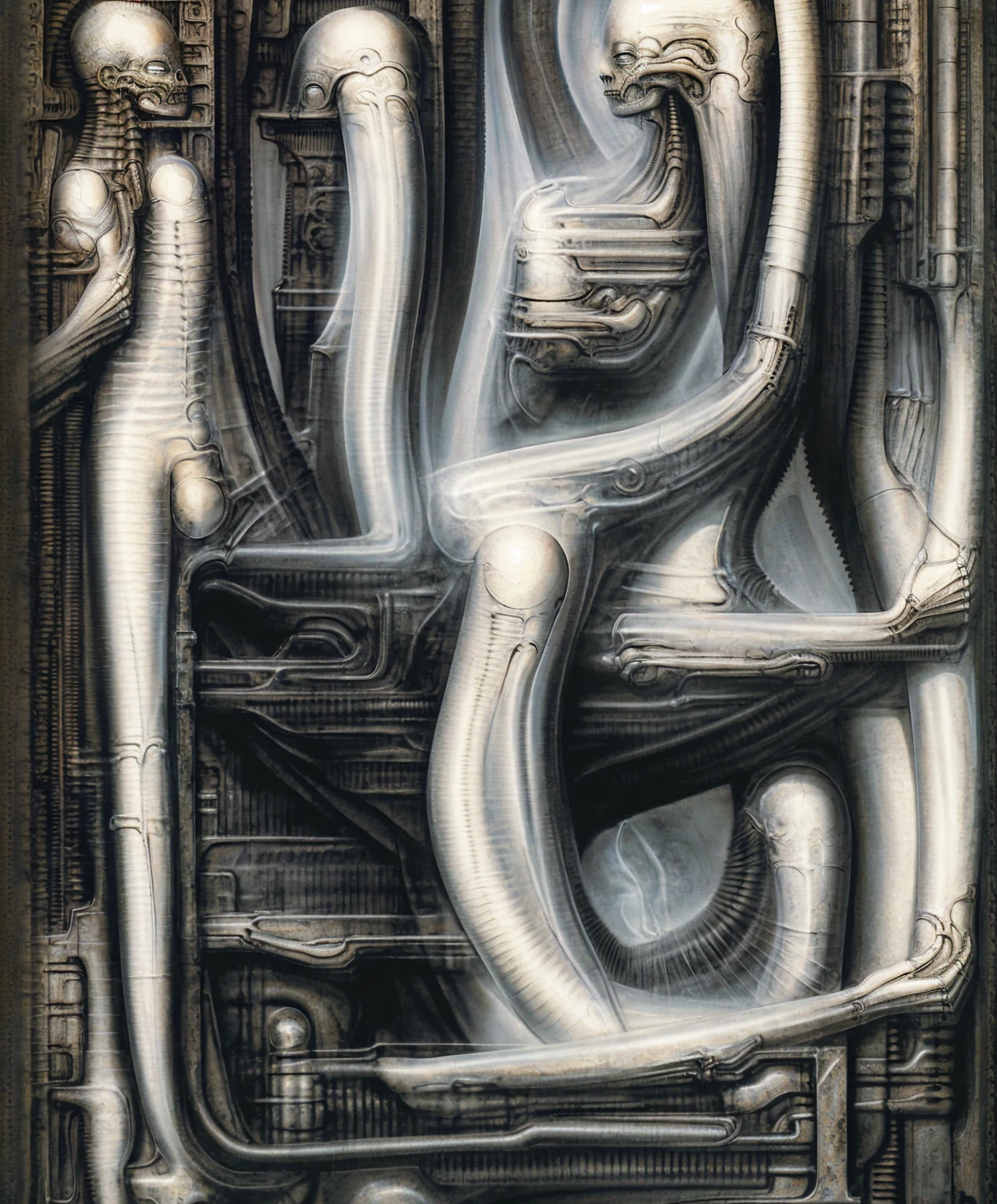 
The image is a detailed view of H.R. Giger's \" kunstwerk \" plate, featuring a complex network of bones and organs in a purple-brown hue ,swirling gray and brown colors. The artwork is silver and purplish brown, with an ivory bones prominently displayed. The image is highly detailed and intricate, almost like a 3d version of a medical diagram 
The image is an artistic representation of a mechanical structure with pipes and gears, with a skeletal creature and a windmill blade.

 The image depicts a complex, mechanical structure with a level of detail achived by fractal algorightmic art, that suggests a sci-fi or futuristic theme.Is a digital artwork featuring a complex, intricate, and colorful design. It is a blend of geometric shapes, lines, and forms that create a sense of depth and dimension.
It's a surreal scene of a robotic humanoid figure placed in a close up of a machine in a building, surrounded by various mechanical parts and structures such as necromorph, energetic beings patrolling, crying cyborg woman, in salvia divinorum, android body, vecna.  This  plenty of  detail  keeps  the  focus  on  the  figures  and  creates  a  sense  of  mystery  about  their  environment. 

 The image .
biomechanical landscape by Hans Rudie Giger composed of fossilized and mummified alien life forms. Image depicts a strange and dreamlike, combines biological and mechanical ,managed  to dreamlike quality. Centralized recognizable shapes of skulls, rib cages, and spines, all intertwined with tubes and cables. These shapes suggest fossilized mummified alien life forms. Central skeletal structures and what appears to be a ribcags of ivory in the foreground are the most identifiable organic elements. The mechanical elements are evident in the wires and tubes emanating from the skeletals, as well as the smooth metallic tubes. In the background shapes are visible that could be interpreted as other fossilized or mummified alien life.
Light source from the top highlights skeletals, 