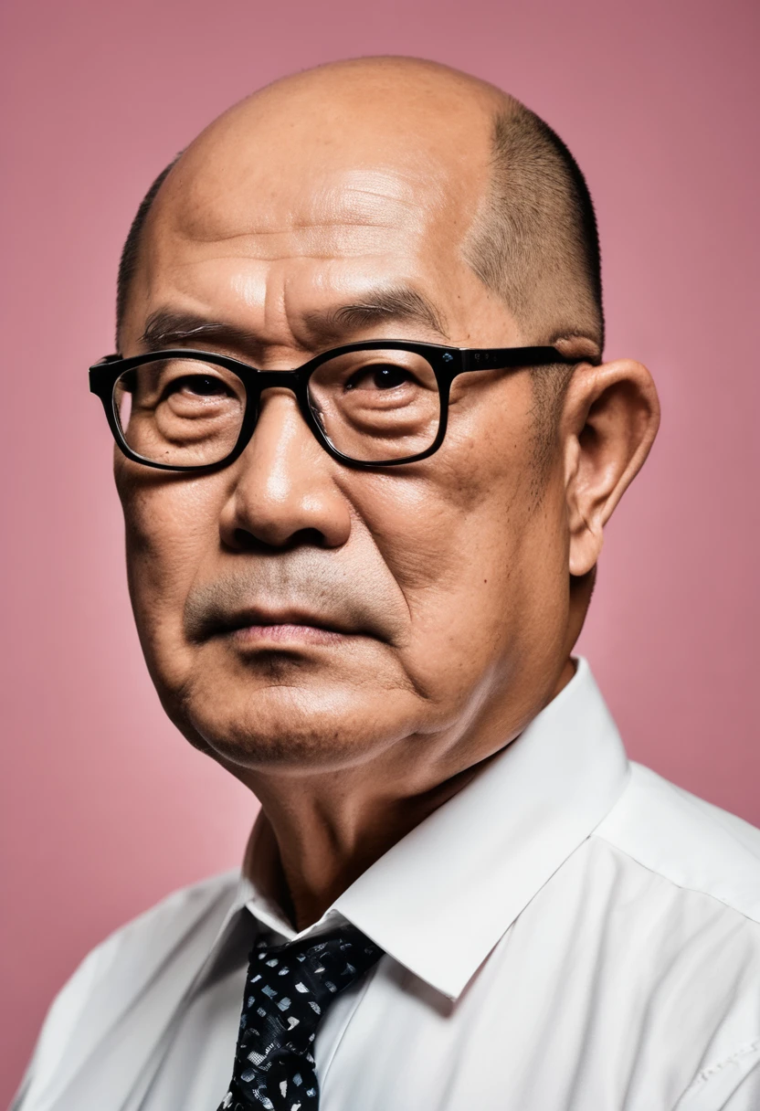 A full-body portrait of a 60-year-old Japanese man with an obese build. He has a shaved head with thinning hair on top, and he is wearing suspenders, a white short-sleeved dress shirt without a tie, and black slacks. He is the president of a small business, wearing cheap black shoes and sweating. He is standing facing forward in the highest quality, ultra-realistic photograph.