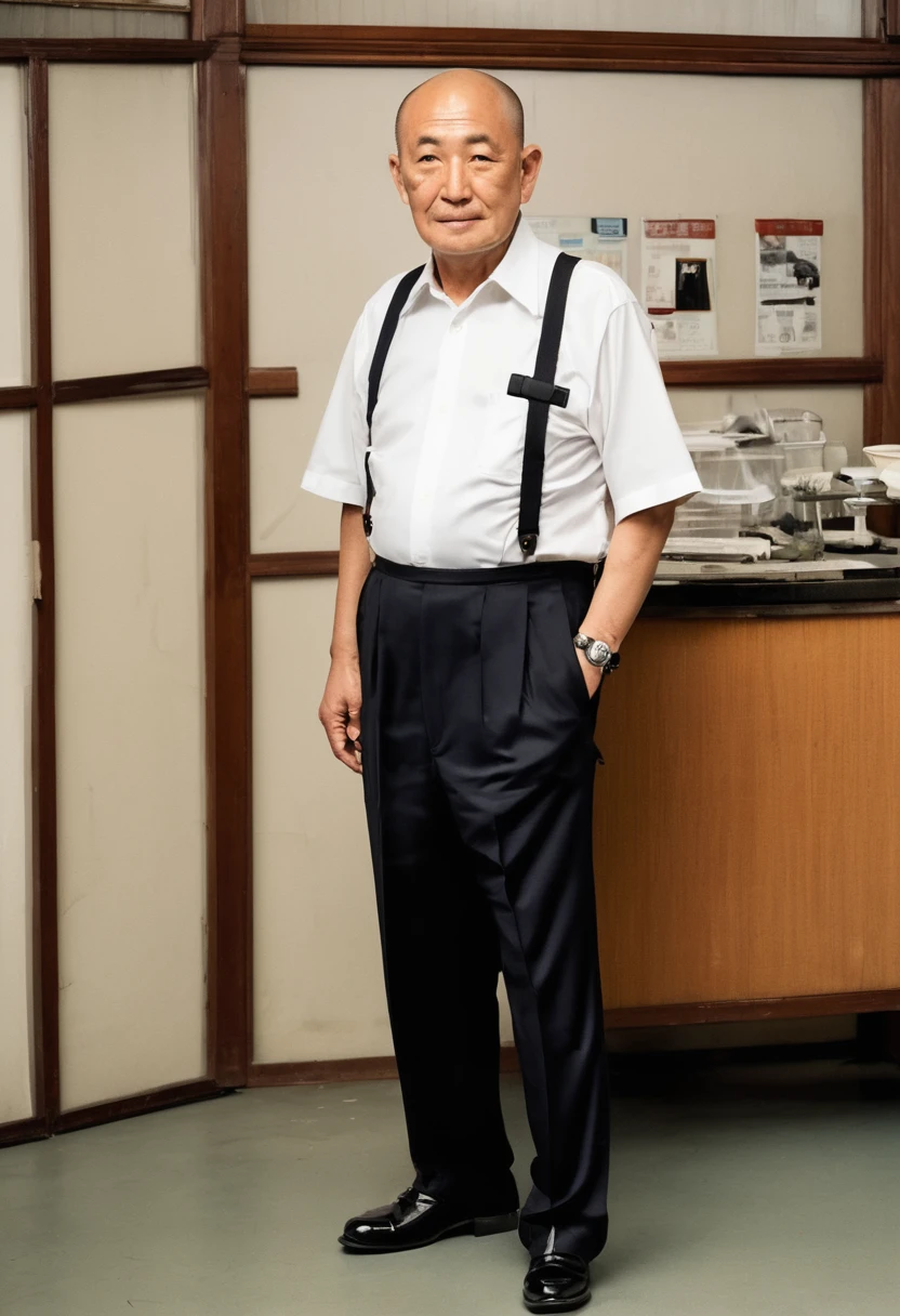 A full-body portrait of a 60-year-old Japanese man with an obese build. He has a shaved head with thinning hair on top, and he is wearing suspenders, a white short-sleeved dress shirt without a tie, and black slacks. He is the president of a small business, wearing cheap black shoes and sweating. He is standing facing forward in the highest quality, ultra-realistic photograph.