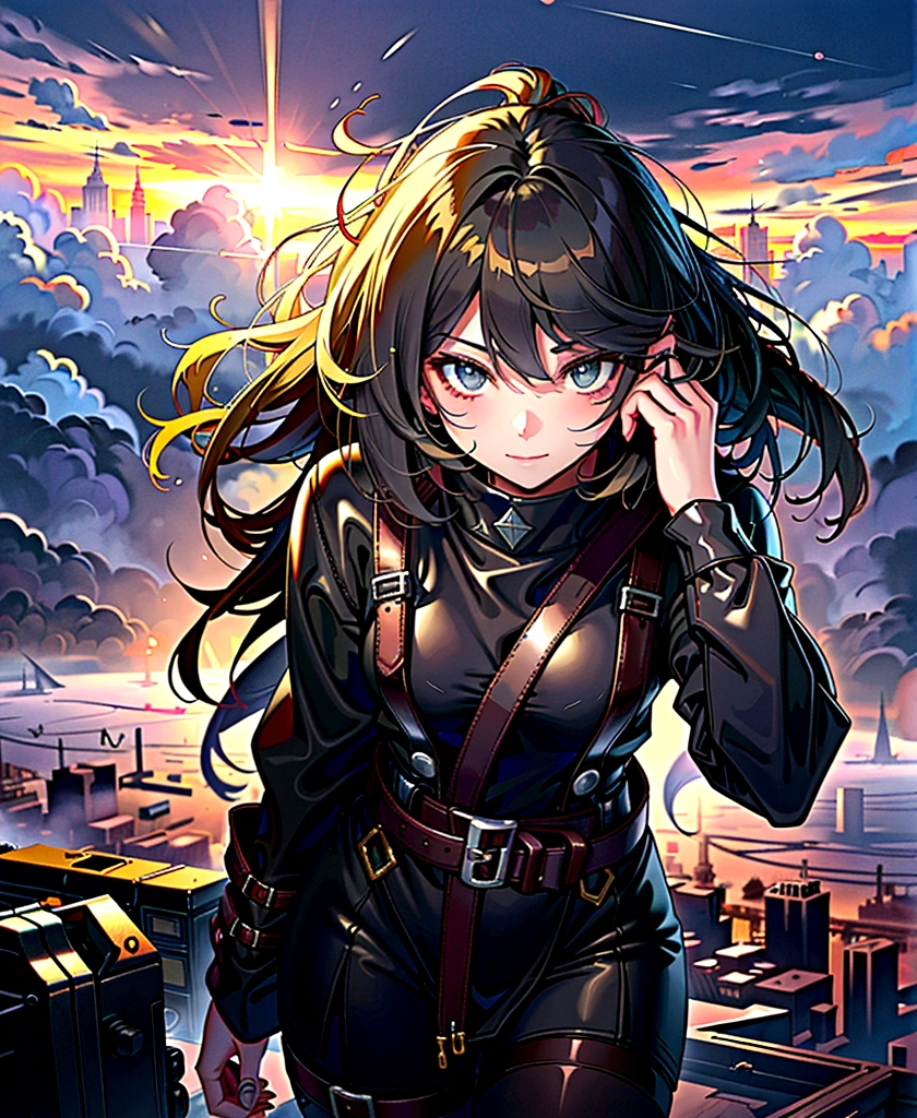 (Highest quality,masterpiece,final solution,album):(whole body、18 year old female fighter,thin、Very slim、Small face、cute、Black super short hair、Ahoge、Shiny patent leather clothing、黒のタイトでwhole bodyを保護する戦闘服,A kind smile、(Backpack:1.1)、tights、Knee-high boots、Knee Boots、Clothes that hide the thighs、Clothes that cover the buttocks)、(Time Machine、computer、Skyscraper Gun、Weapons of the Future、Real World、Plankton Rattle Field、Volumetric Fog、Grey Mist、cigarette、 explosion、Apocalyptic、Destroyed city background、Burning building:1.3、Starry Sky Skiing、Giant Moon、Earth、Destroyed giant robot、Radio tower、Planes flying overhead、Shooting Star Rocket Truck、Broken car、Derailed train、tank、Huge weapons、electronic equipment、Light Emitting Mechanism、Strong winds、cover、thunder、Light、Hello)