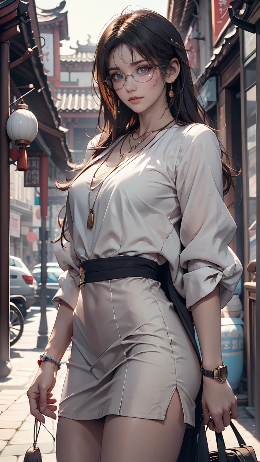 Girl standing outside, Wear glasses, Wearing a black jacket, ((Long Hair)), Paintings inspired by Zou Jie, tumbler, realism, Chen Xintong, Around 19 years old, Cheechawan, Huang Huifeng, Jeron Hsu, Zhang Xiaofan, Zhangpeng Town, Mongen, Yi Haoren, Zhezhou Chen.Sexy proportions、Sexy、Narrow waist、Put on a necklace、Wear accessories on your wrist