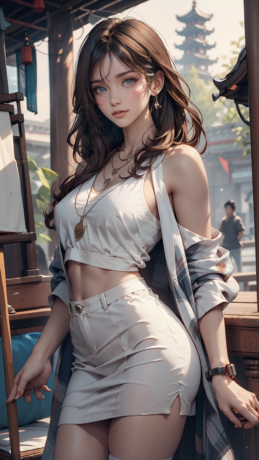 Girl standing outside, Wear glasses, Wearing a black jacket, ((Long Hair)), Paintings inspired by Zou Jie, tumbler, realism, Chen Xintong, Around 19 years old, Cheechawan, Huang Huifeng, Jeron Hsu, Zhang Xiaofan, Zhangpeng Town, Mongen, Yi Haoren, Zhezhou Chen.Sexy proportions、Sexy、Narrow waist、Put on a necklace、Wear accessories on your wrist