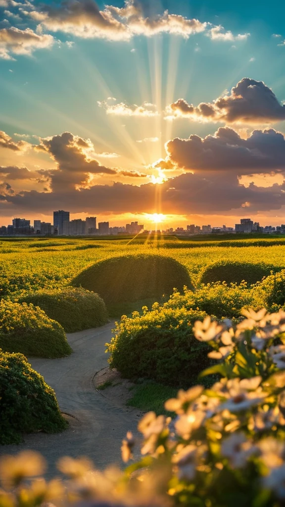 a close up of a field of flowers with a sky in the background, god's rays highly detailed, rays of life, god's rays, rays of god, there is a picture of a beach with a pier in the distance, today\'s featured photograph 4k, clouds and wings and waves, clouds and waves, oceanside, crisp lines, harmony of swirly clouds, epic blue sky, a view of a city with tall buildings and a green park, tokyo japan, tokyo city, tokyo city in the background, tokio, tokyo, japanese city, tokyo prefecture, new tokyo, aerial view of a city, tokyo in the background, bird's eye view of a city, modern tokyo, japanese downtown, osaka skyline background, in tokio, shinjuku seascape, heaven on earth, wide angle landscape photography, epic wide angle, wispy clouds, big sky, big blue sky god sun rays, few sun rays, rays of god shining from above, rays of the sun, sun rays at sunset, rays of sunlight, godly light, rays of sunlights, rays of sun
