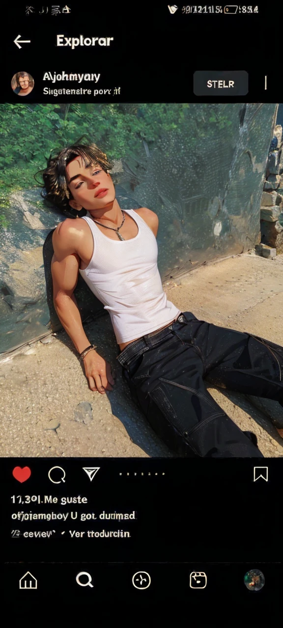 Cute boy with crop top, 18 years old, black hair, light eyes