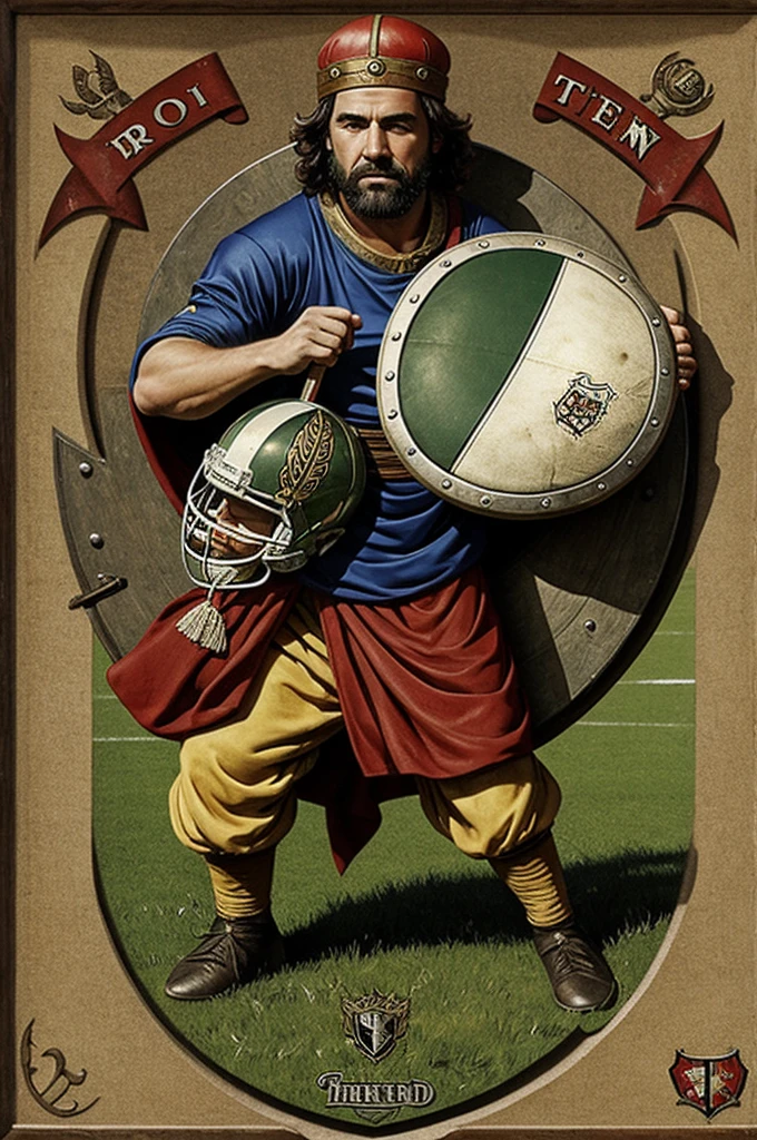A football shield with a peasant theme 