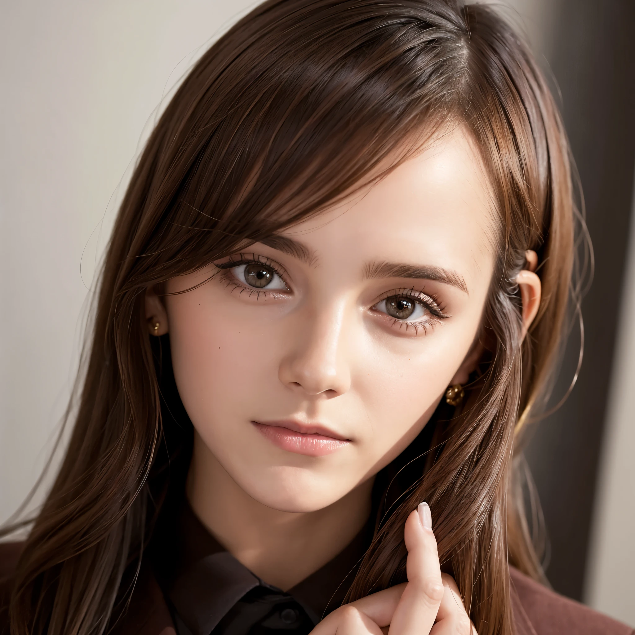 Close-up of a woman in a brown suit taking a photo, Emma Watson portrait, portrait of Emma Watson, clear portrait of Emma Watson, portrait photo of Emma Watson, Emma Watson as driada, Emma Watson modeling for gucci, karol bak of Emma Watson nun, Emma Watson, Emma!! Watson!!, photo of Emma Watson, with the face of Emma Watson