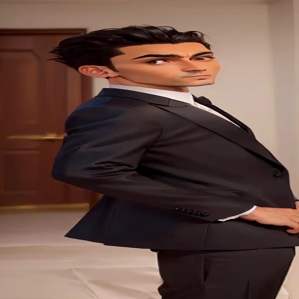 there is a cartoon character dressed in a suit and tie, wearing a black suit nobre, high quality suit, formal black suit. detailded, elegant suit, man in black suit, black luxurious suit, luxurious suit, tailored clothing, wearing black suit, long - tailed tuxedo coat, wearing a black suit, stylish suit, striking an elegant pose on top of you, wearing black suit