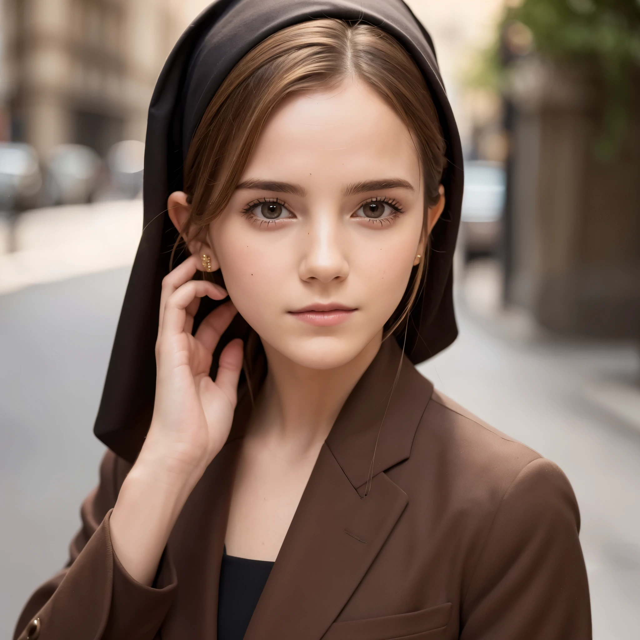 Close-up of a woman in a brown suit taking a photo, Emma Watson portrait, portrait of Emma Watson, clear portrait of Emma Watson, portrait photo of Emma Watson, Emma Watson as driada, Emma Watson modeling for gucci, karol bak of Emma Watson nun, Emma Watson, Emma!! Watson!!, photo of Emma Watson, with the face of Emma Watson