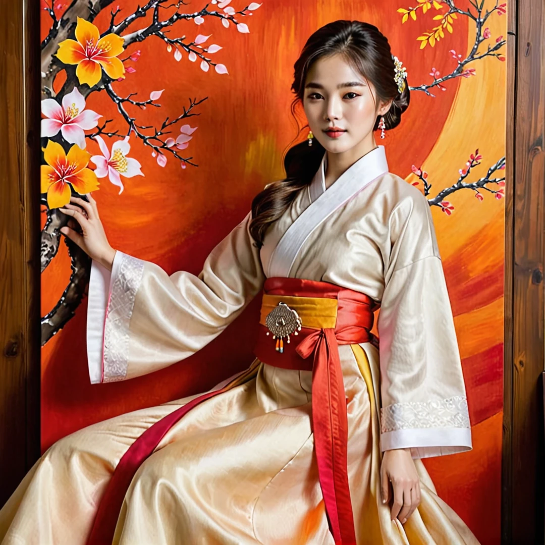 A stunning painting of Song Hye-kyo, renowned South Korean actress, model, and dancer, in a mesmerizing mahwa art style. She is dressed in a traditional Korean hanbok, her hands delicately tied together behind her wall high with a shimmering gold chain. The soft folds of her exquisite hanbok drape seductively over her body, accentuating her curves and revealing her toned thighs. Her head is slightly tilted back, and her eyes are closed, as if lost in the melody of an enchanting song. The background of the painting is a blend of vibrant reds, oranges, and yellows, creating a warm and inviting atmosphere that perfectly complements Song Hye-kyo's ethereal beauty. The contrast between her pale skin and the rich colors of her hanbok is striking, drawing the viewer's eye to every detail of her flawless features and alluring figure. The pose, with her hands tied behind her back wall, adds a sense of vulnerability and intimacy to the image, making it both alluring and captivating.