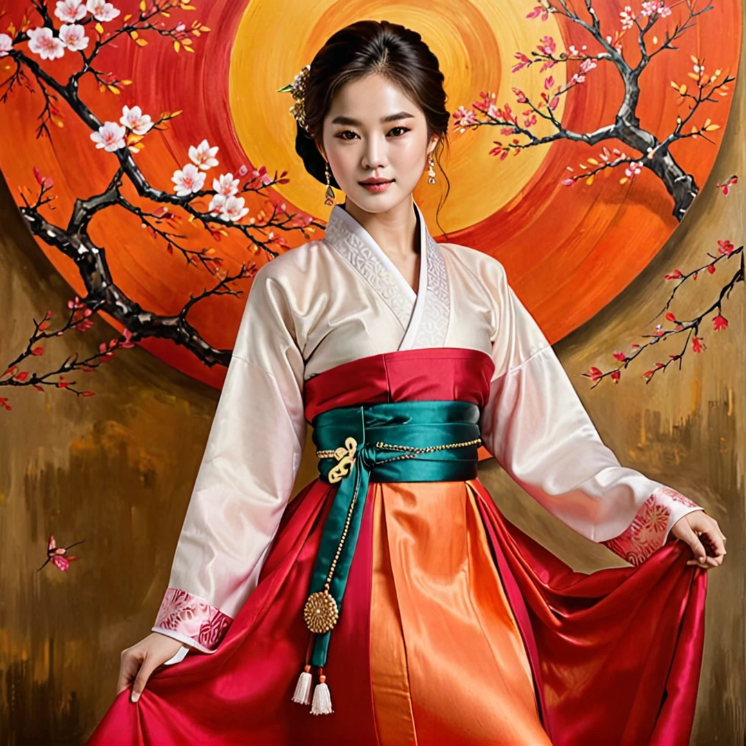 A stunning painting of Song Hye-kyo, renowned South Korean actress, model, and dancer, in a mesmerizing mahwa art style. She is dressed in a traditional Korean hanbok, her hands delicately tied together behind her wall high with a shimmering gold chain. The soft folds of her exquisite hanbok drape seductively over her body, accentuating her curves and revealing her toned thighs. Her head is slightly tilted back, and her eyes are closed, as if lost in the melody of an enchanting song. The background of the painting is a blend of vibrant reds, oranges, and yellows, creating a warm and inviting atmosphere that perfectly complements Song Hye-kyo's ethereal beauty. The contrast between her pale skin and the rich colors of her hanbok is striking, drawing the viewer's eye to every detail of her flawless features and alluring figure. The pose, with her hands tied behind her back wall, adds a sense of vulnerability and intimacy to the image, making it both alluring and captivating.