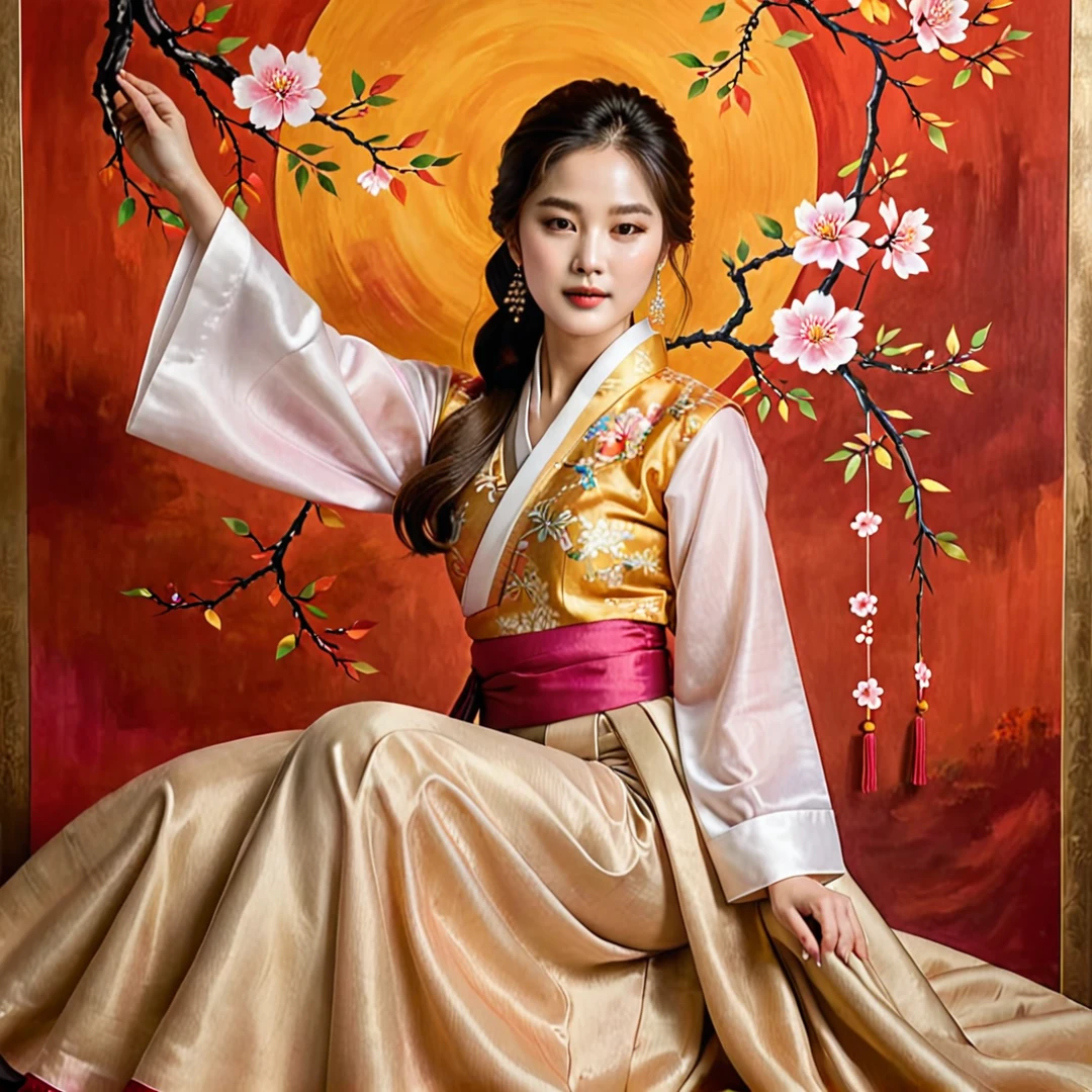 A stunning painting of Song Hye-kyo, renowned South Korean actress, model, and dancer, in a mesmerizing mahwa art style. She is dressed in a traditional Korean hanbok, her hands delicately tied together behind her wall high with a shimmering gold chain. The soft folds of her exquisite hanbok drape seductively over her body, accentuating her curves and revealing her toned thighs. Her head is slightly tilted back, and her eyes are closed, as if lost in the melody of an enchanting song. The background of the painting is a blend of vibrant reds, oranges, and yellows, creating a warm and inviting atmosphere that perfectly complements Song Hye-kyo's ethereal beauty. The contrast between her pale skin and the rich colors of her hanbok is striking, drawing the viewer's eye to every detail of her flawless features and alluring figure. The pose, with her hands tied behind her back wall, adds a sense of vulnerability and intimacy to the image, making it both alluring and captivating.