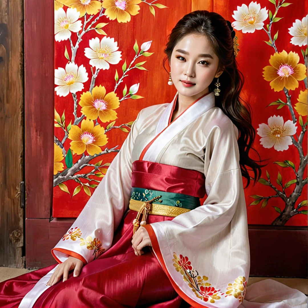 A stunning painting of Song Hye-kyo, renowned South Korean actress, model, and dancer, in a mesmerizing mahwa art style. She is dressed in a traditional Korean hanbok, her hands delicately tied together behind her wall high with a shimmering gold chain. The soft folds of her exquisite hanbok drape seductively over her body, accentuating her curves and revealing her toned thighs. Her head is slightly tilted back, and her eyes are closed, as if lost in the melody of an enchanting song. The background of the painting is a blend of vibrant reds, oranges, and yellows, creating a warm and inviting atmosphere that perfectly complements Song Hye-kyo's ethereal beauty. The contrast between her pale skin and the rich colors of her hanbok is striking, drawing the viewer's eye to every detail of her flawless features and alluring figure. The pose, with her hands tied behind her back wall, adds a sense of vulnerability and intimacy to the image, making it both alluring and captivating.