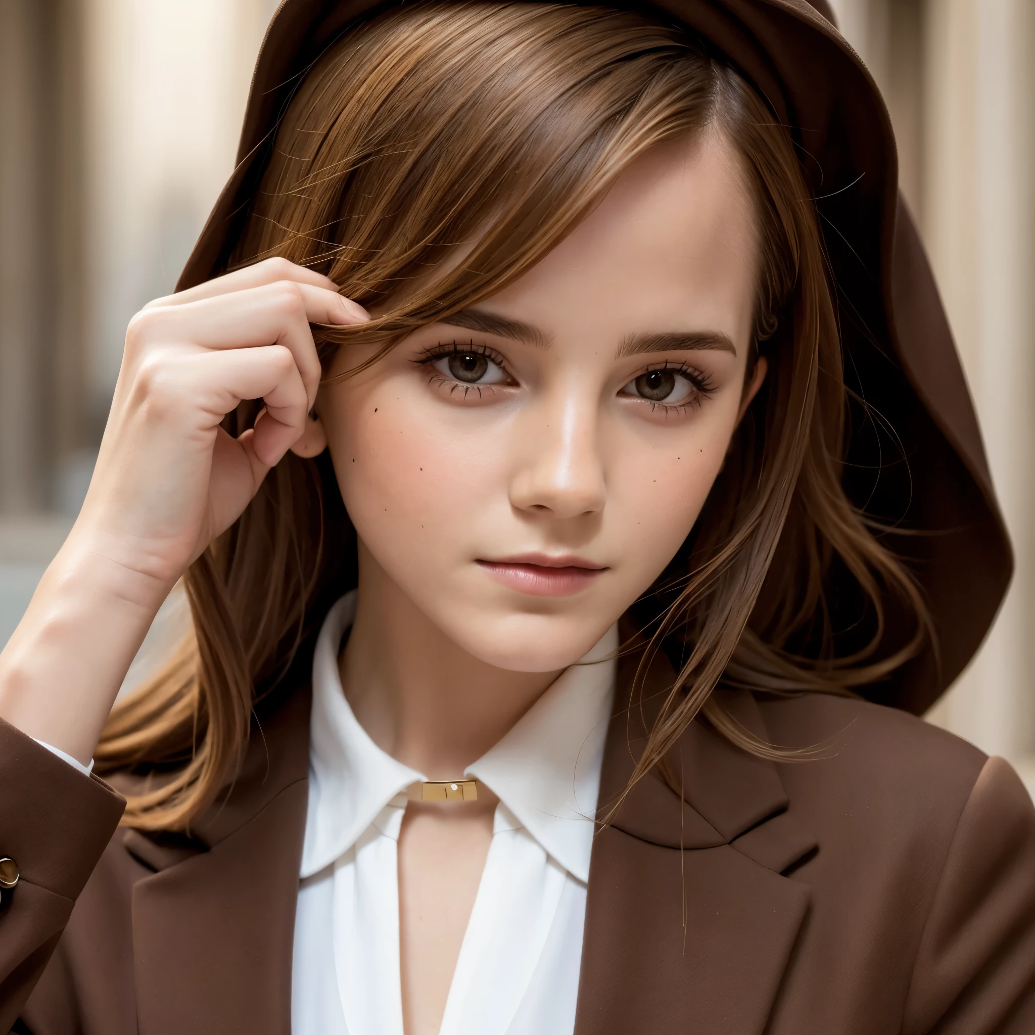 Close-up of a woman in a brown suit taking a photo, Emma Watson portrait, portrait of Emma Watson, clear portrait of Emma Watson, portrait photo of Emma Watson, Emma Watson as driada, Emma Watson modeling for gucci, karol bak of Emma Watson nun, Emma Watson, Emma!! Watson!!, photo of Emma Watson, with the face of Emma Watson