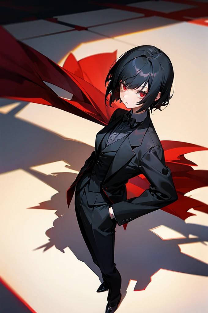 black hair, red eyes, girl, black tailcoat, tuxedo, short cut, shadow