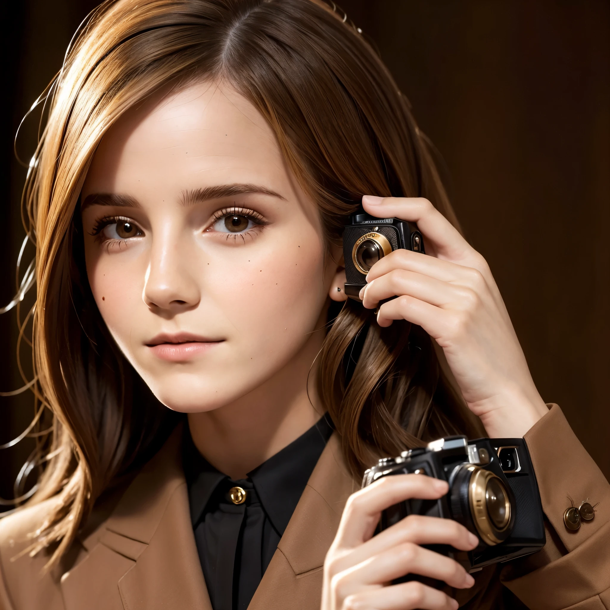 Close-up of a woman in a brown suit taking a photo, Emma Watson portrait, portrait of Emma Watson, clear portrait of Emma Watson, portrait photo of Emma Watson, Emma Watson as driada, Emma Watson modeling for gucci, karol bak of Emma Watson nun, Emma Watson, Emma!! Watson!!, photo of Emma Watson, with the face of Emma Watson