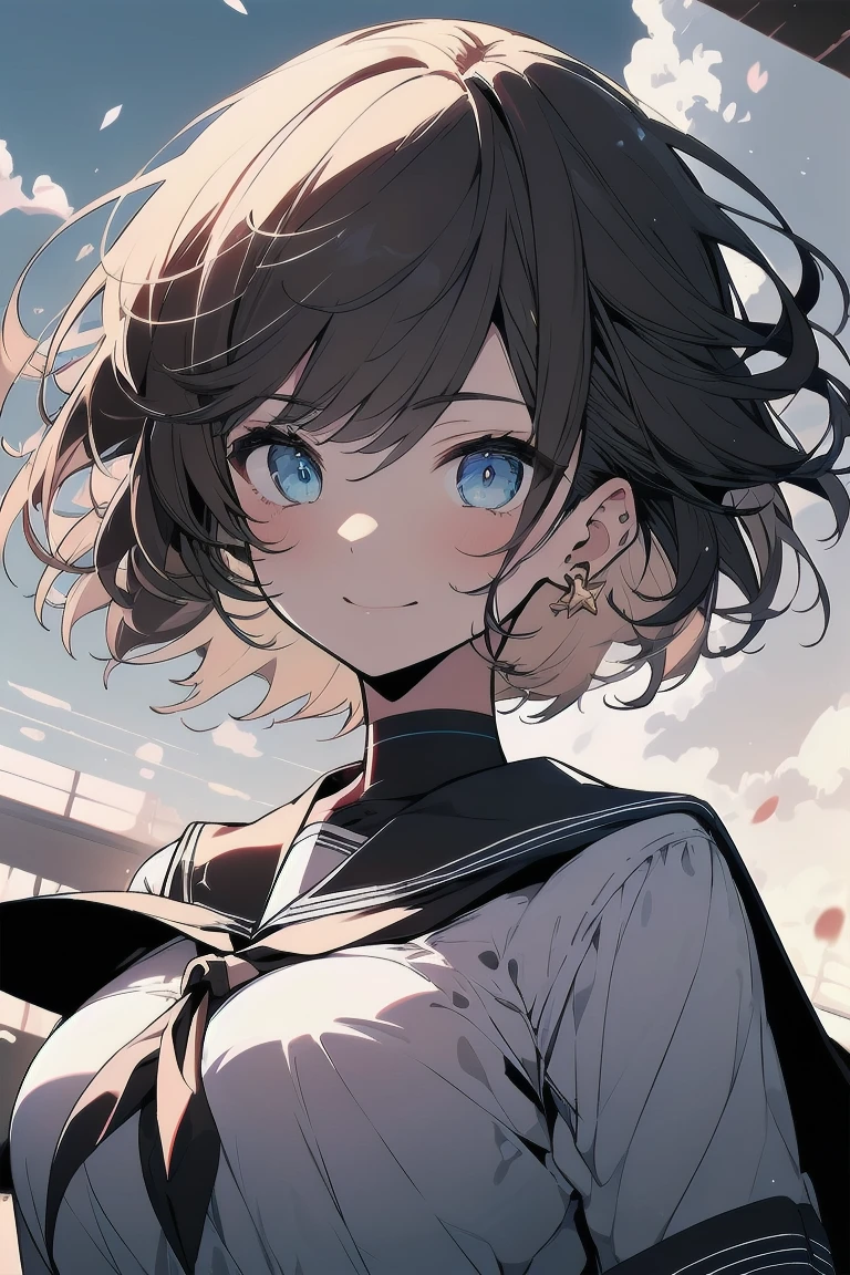 (best quality), (Super detailed), (Best Illustration), (masterpiece), score_9, score_8_up, score_7_up, 4k, high contrast, upper body, (1woman), (solo:1.2),{(white serafuku)}, (large breasts:1.2), {brown hair, (sideburns), (bob cut:1.3), curly hair, hairs between eyes, colored inner hair}, {(detailed eyes), blue eyes}, earring, light smile, wind, (school:1.2),