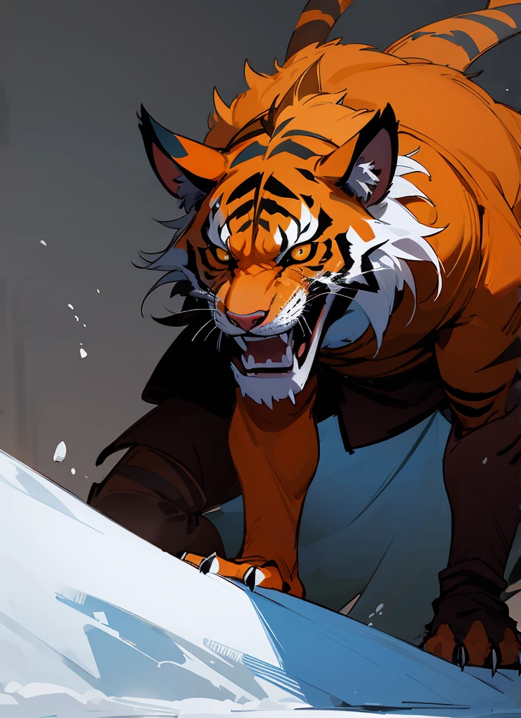 1Big orange royal tigerhuman, scarry,red blood ,big claw, hunger, frozen blackground, stronger, animal, stand on to legs, big, old,snow cloth, lycan, fantasy, wearing armor coat, 