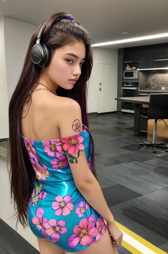 One Girl, Age 1５age, alone, Long Hair, huge , View your viewers, Rainbow Hair, Bare shoulders, Brown eyes, gem, whole body, necklace, Tattoo with a floral pattern、Patent leather suit, Realistic, Sexy、headphone