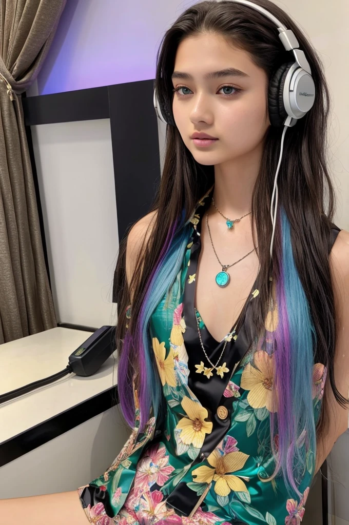 One Girl, Age 15age, alone, Long Hair, huge , View your viewers, Rainbow Hair, Bare shoulders, Brown eyes, gem, whole body, necklace, Tattoo with a floral pattern、Patent leather suit, Realistic, Sexy、headphone