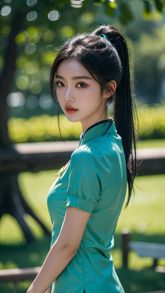 korean model , slim body , medium breasts, 167cm ,Movie Angle,long black ponytails hairstyle, (Cute girl, face of innocent ,anatomy correct, Pastel Spring Green chinese qipao with short sleeves,( art,geomerty),(plethora of colorest quality,high detail,tmasterpiece,Cinematic lighting effects,4K,Chiaroscuro ),