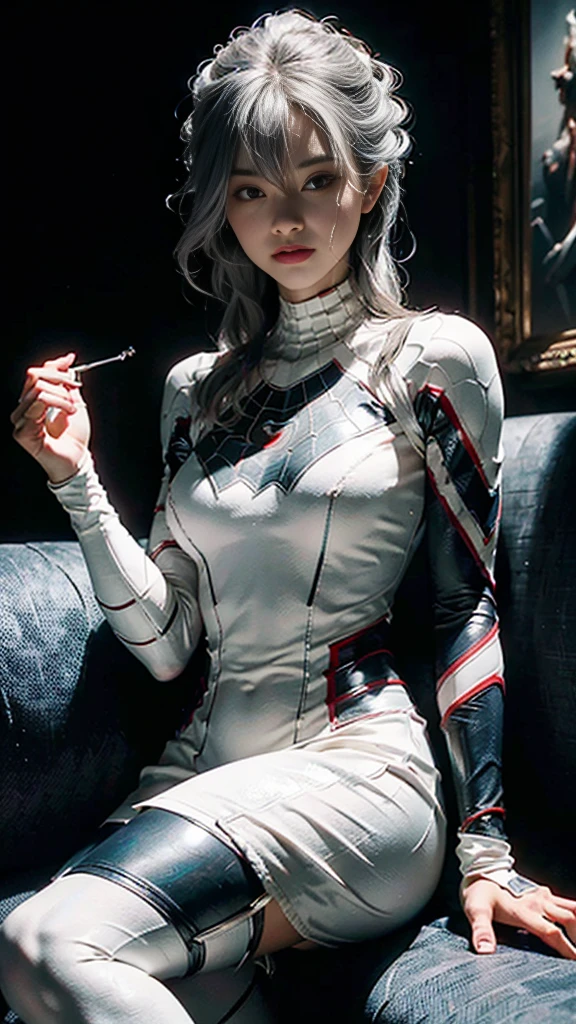 (Extreme Detail CG Unity 8K wallpaper, masterpiece, highest quality), (Exquisite lighting and shadow, highly dramatic picture, Cinematic lens effect), a girl in a white Spider-Man costume, silver gray hair color, from the Spider-Man parallel universe, Wenger, Marvel, Spider-Man, sitting on the couch, dynamic pose), (excellent detail, excellent lighting, wide angle), (excellent rendering, enough to stand out in its class), focus on white Spider-Man costumes, complex spider textures