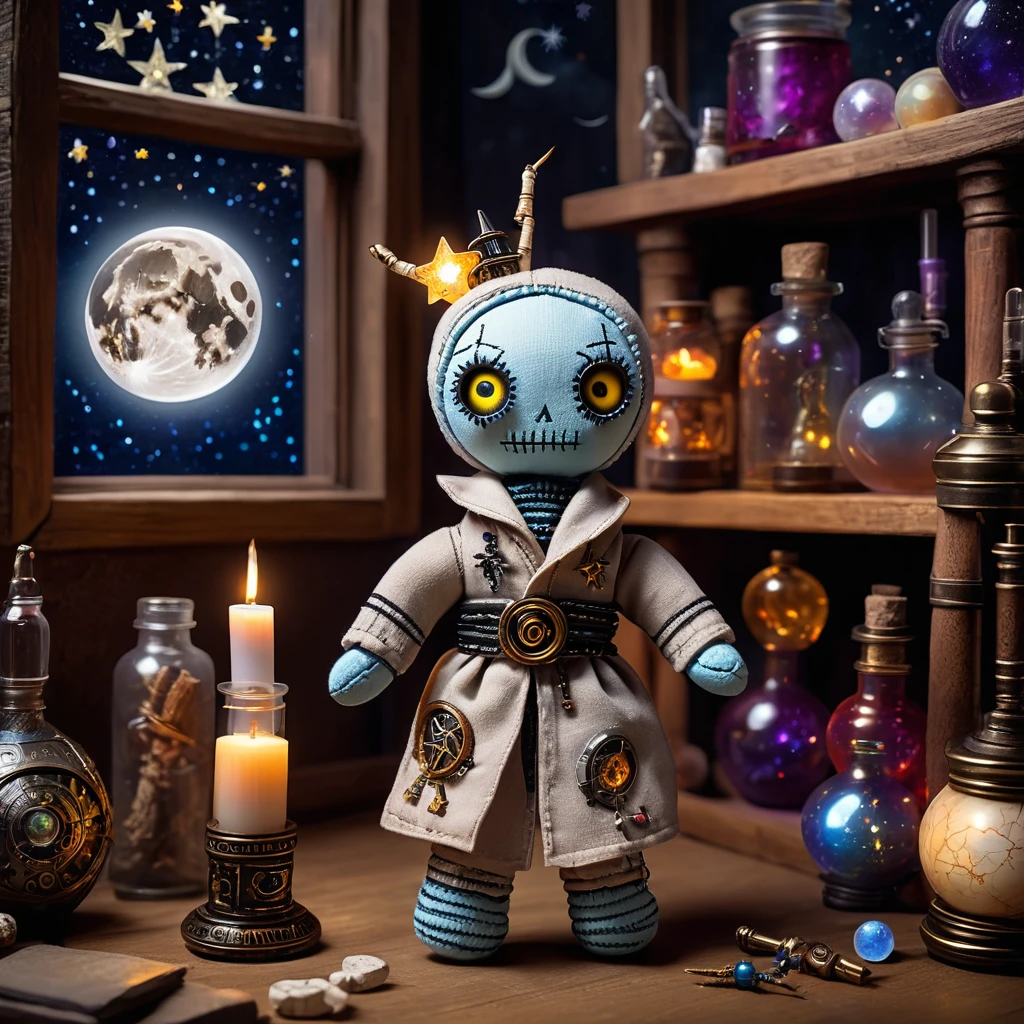 (knitted toy voodoo doll:1.7), (Voodoo Lunar Alchemist:1.3), (Clothing: silver robe with alchemical symbols, starry belt:1.0), (Accessories: moonstone staff, potion vial, crescent moon goggles:1.2), (background: mystical laboratory with bubbling potions and glowing symbols, moonlit window and star charts:1.2),  best quality, masterpiece, detailed soft oil painting, detailed background, dramatic cinematic lighting, soft edge lighting, professional, dramatic lighting, hard edge lighting, ultra quality, 4k,masterpiece, best quality, 8k, ultra highres, highres, extremely detailed