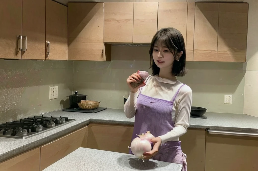 An Asian housewife in her 20s put onions in water while holding them in her hand. Then, she looks like a kitchen peeling an onion. A live-action photo of high quality realism.