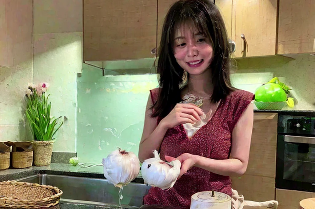 An Asian housewife in her 20s put onions in water while holding them in her hand. Then, she looks like a kitchen peeling an onion. A live-action photo of high quality realism.