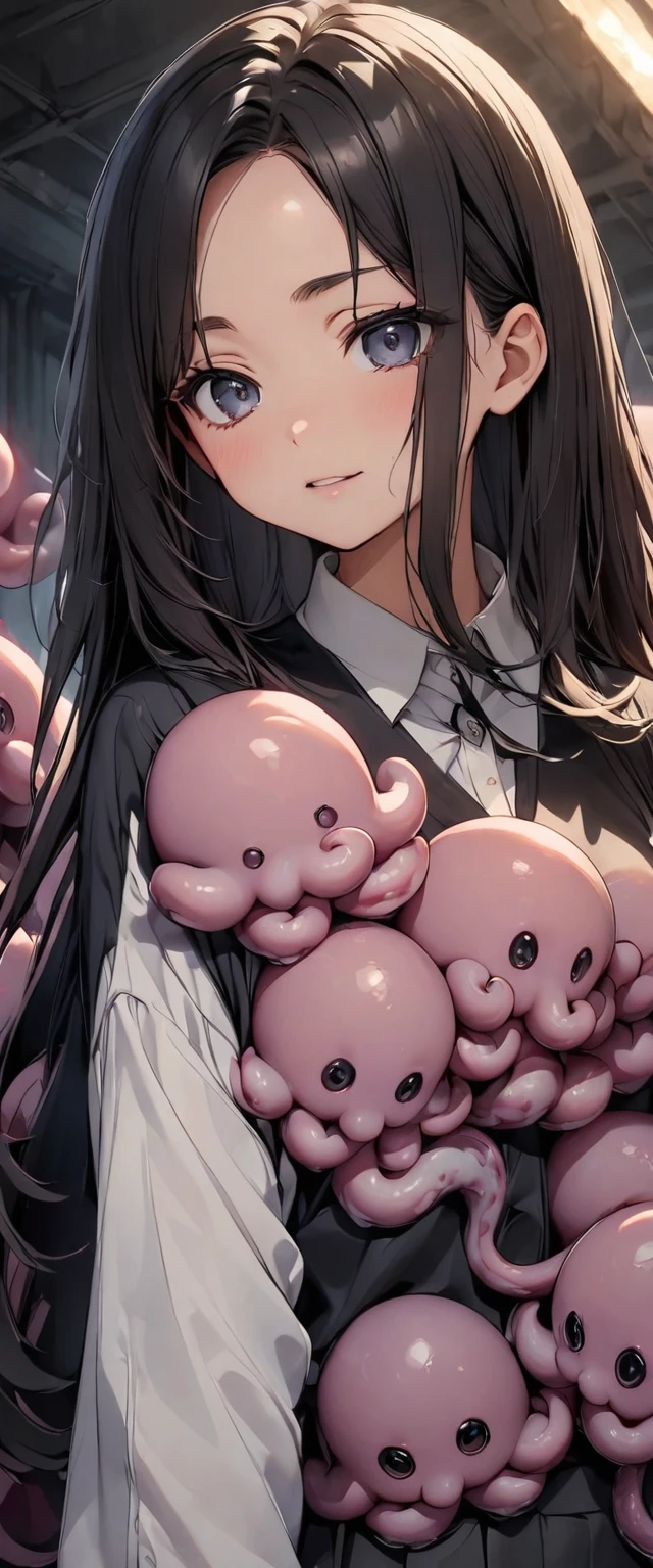 Long Black Hair　Straight Hair　Center part　Center Parting　octopus　Tentacles　絡み合うとoctopus　octopusと女の子クス　Tentacles姦　Completely naked　　octopusに犯されている　Tentaclesが女性器にはいつている