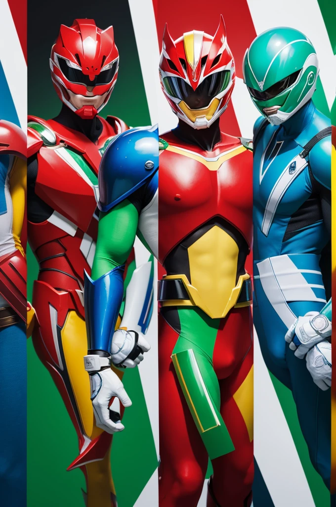 5 power rangers, red in color, cerulean, yellow, White and green