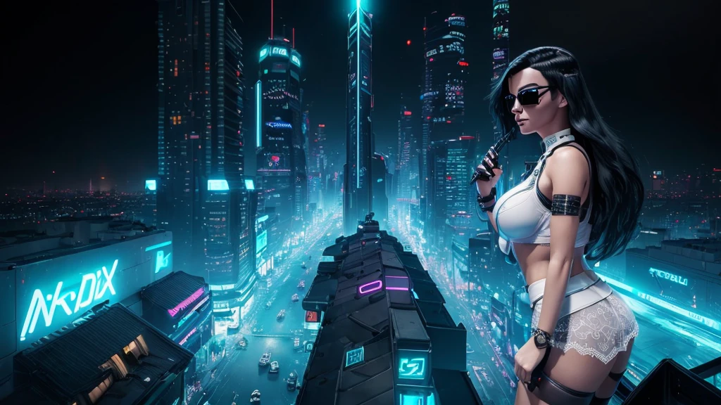 (((1woman, solo))), rainbow light, 3d neon art of a woman's body, cyberpunk femme fatale, seductive cyberpunk dark fantasy, cyberpunk 20 y. o large-breast model girl, (((with black miniskirt and white lace panty, with matrix style black micro sunglasses, long hair))), oppai cyberpunk, banner, high definition cgsociety, cgsociety masterpiece, trending on cgstation, kda, (((((aerial view))))) image of neon-noir cyberpunk city in the background.