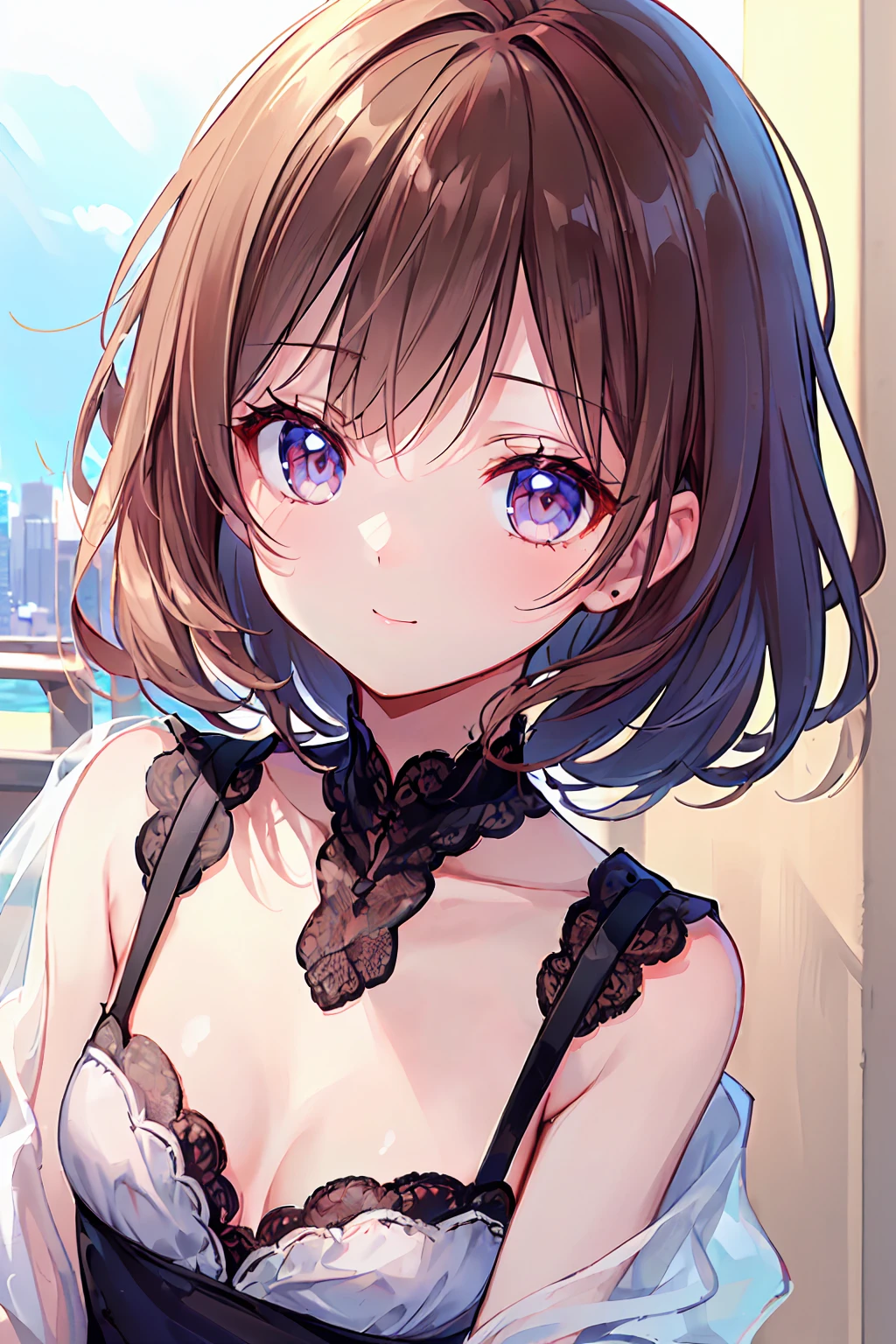 ((Highest quality, 8K, lace maxi dress, A sunny city, Highly detailed face and skin texture, Fine grain, double eyelid.)，Small breasts，Brown Hair，