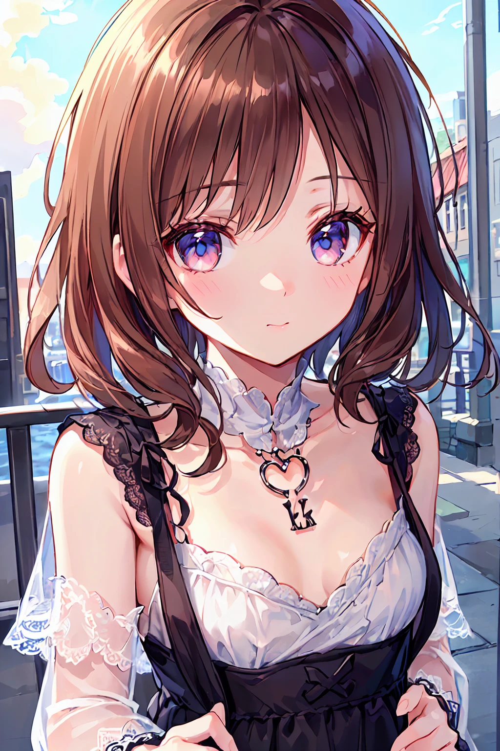 ((Highest quality, 8K, lace maxi dress, A sunny city, Highly detailed face and skin texture, Fine grain, double eyelid.),Small breasts,Brown Hair,