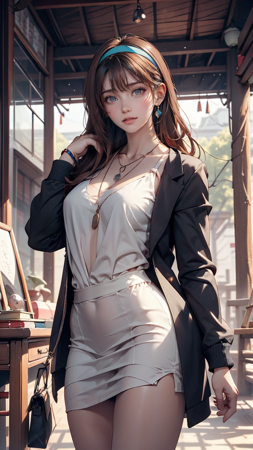 Girl standing outside, Wear glasses, Wearing a black jacket, ((Long Hair)), Paintings inspired by Zou Jie, tumbler, realism, Chen Xintong, Around 19 years old, Cheechawan, Huang Huifeng, Jeron Hsu, Zhang Xiaofan, Zhangpeng Town, Mongen, Yi Haoren, Zhezhou Chen.Sexy proportions、Sexy、Narrow waist、Put on a necklace、Wear accessories on your wrist、Headband((hairband))、Inner Color((colored inner hair))