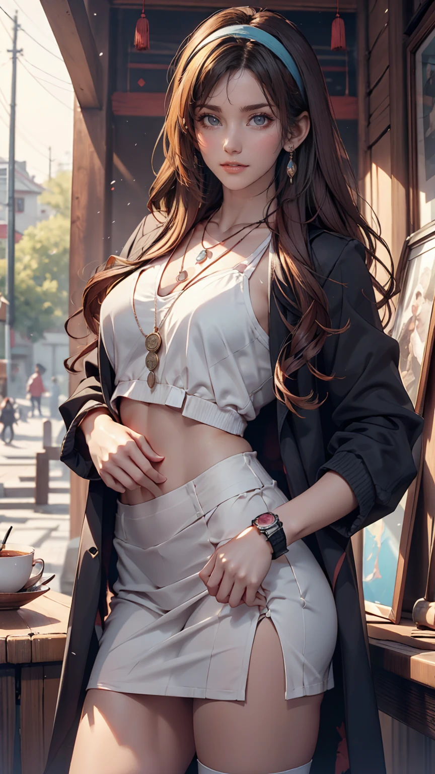 Girl standing outside, Wear glasses, Wearing a black jacket, ((Long Hair)), Paintings inspired by Zou Jie, tumbler, realism, Chen Xintong, Around 19 years old, Cheechawan, Huang Huifeng, Jeron Hsu, Zhang Xiaofan, Zhangpeng Town, Mongen, Yi Haoren, Zhezhou Chen.Sexy proportions、Sexy、Narrow waist、Put on a necklace、Wear accessories on your wrist、Headband((hairband))、Inner Color((colored inner hair))