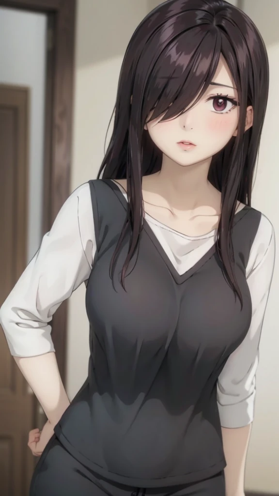 Cute mommy, mature women,orange pajama,realistic skin,perfect ,black hair, long hair, (hair over one eye:1.4), messy hair, hair between eyes, chubby,plump,fat,dense pubic hair, extreme pubic hair, Sexy lips, pucker lips,cute shy blush on