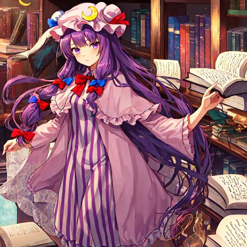 best quality, Masterpiece, height, alone, {patchouli_knowledge_Toho:1.15}, long_hair, purple_hair, crescent, purple_eyes, ribbon, have, bow, smooth, pain_hat, have_decorations, crescent_have_decorations, hair_bow, red_bow, light blue_bow, on_body, book, red_ribbon, hatelet, have_ribbon, streaks, a lot_long_hair, 1girl, solo, upper body