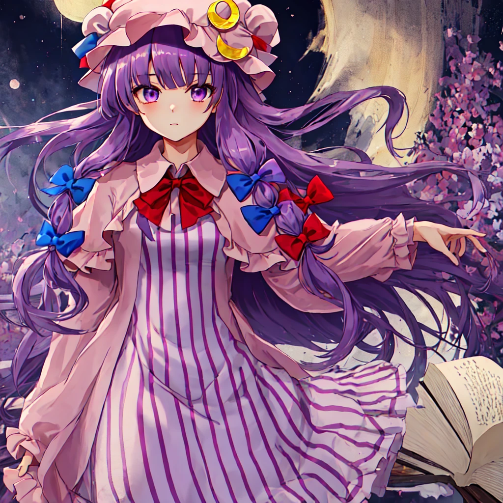 best quality, Masterpiece, height, alone, {patchouli_knowledge_Toho:1.15}, long_hair, purple_hair, crescent, purple_eyes, ribbon, have, bow, smooth, pain_hat, have_decorations, crescent_have_decorations, hair_bow, red_bow, light blue_bow, on_body, book, red_ribbon, hatelet, have_ribbon, streaks, a lot_long_hair, 1girl, solo, upper body