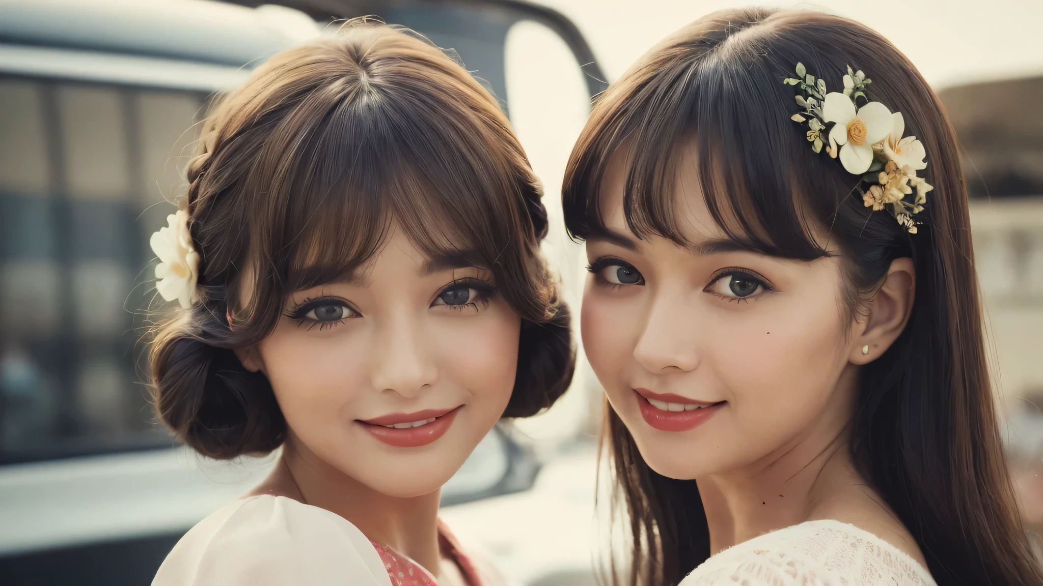 (1970s women:1.3), (1women:1.3), smile shyly, (highly detailed face), (extremely detailed beautiful face), (Early Showa hairstyle, retro hairstyle, 1940 fashionable clothing, oldies fashion:1.3), (Best Quality:1.4), (Ultra-detailed), extremely detailed CG unified 8k wallpaper, Realistic portrait, Beautiful detailed, High-definition raw color photos, professional photography, (fine face:1.2), focus on women, (oldies, oldies songs, Old photos, retro photos, sepia photos, valuable photos that give you a sense of the times), A scene from a retro movie from the 1970s,
