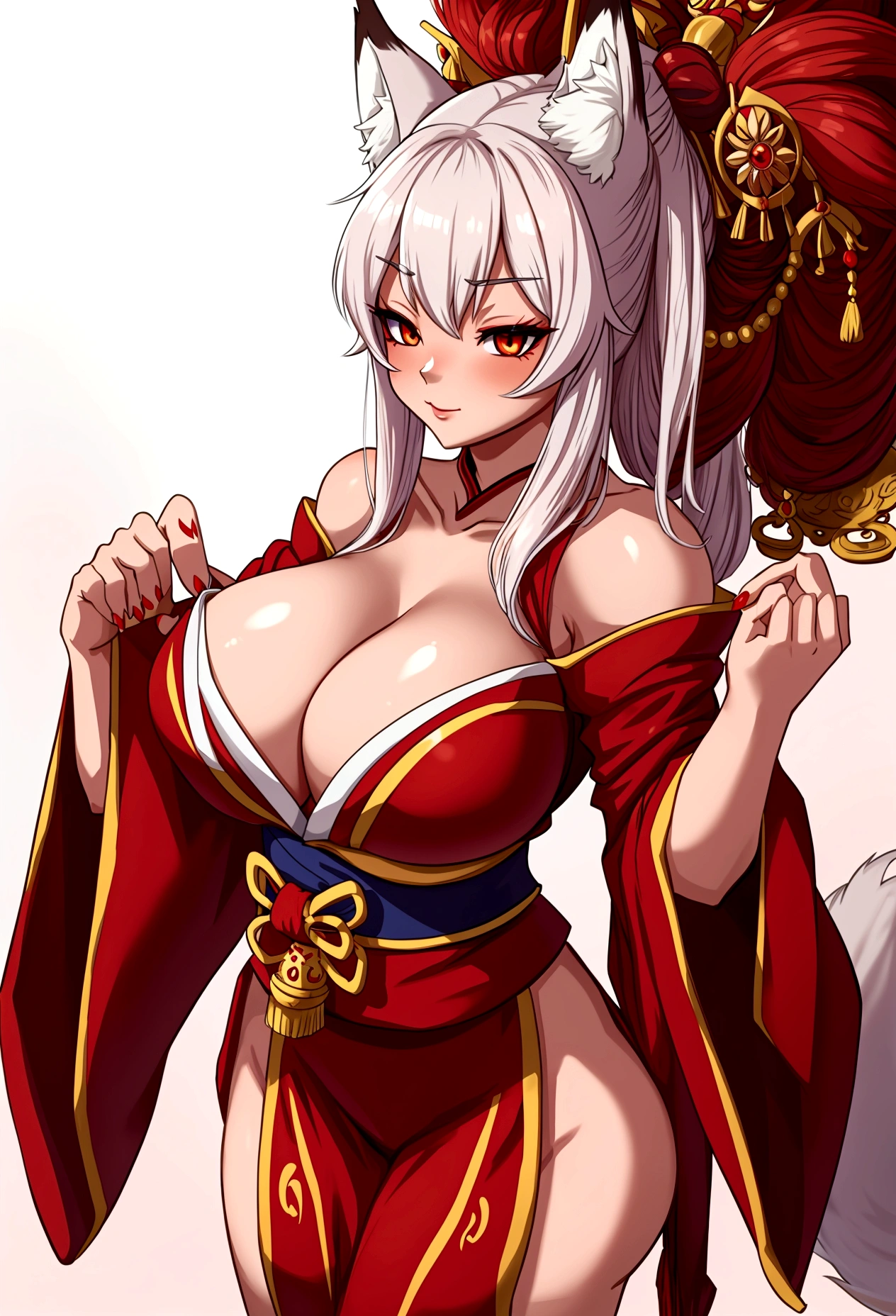 Fox girl extreme muscular body, geisha outfit, fair skin, fox ears, red oni horns, fox paws, 9 fluffy fox tails and gigantic breasts.