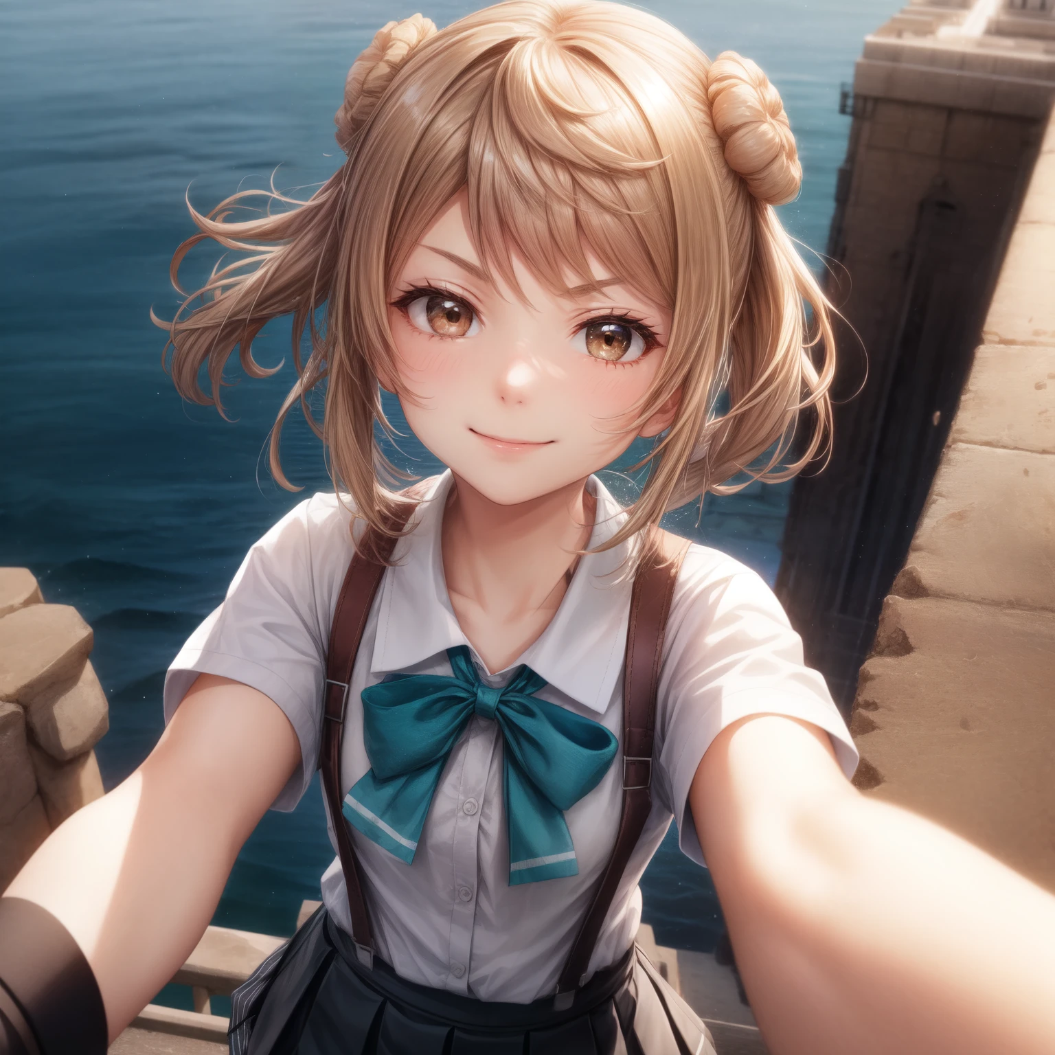 lovelive!,closed mouth,closed nose,serious,((masterpiece)),(best quality),official art,extremely detailed CG,unity 8k wallpaper,ultra detailed,A lighthouse on a cliff by the sea,1girl,solo,upper body,(portrait:1.2),looking at viewer,double_bun,suspenders,short_twintails,school_uniform,brown_hair,white_shirt,black_socks,smile,brown_eyes,pleated_skirt,aqua_bow,loafers,serious,small breast