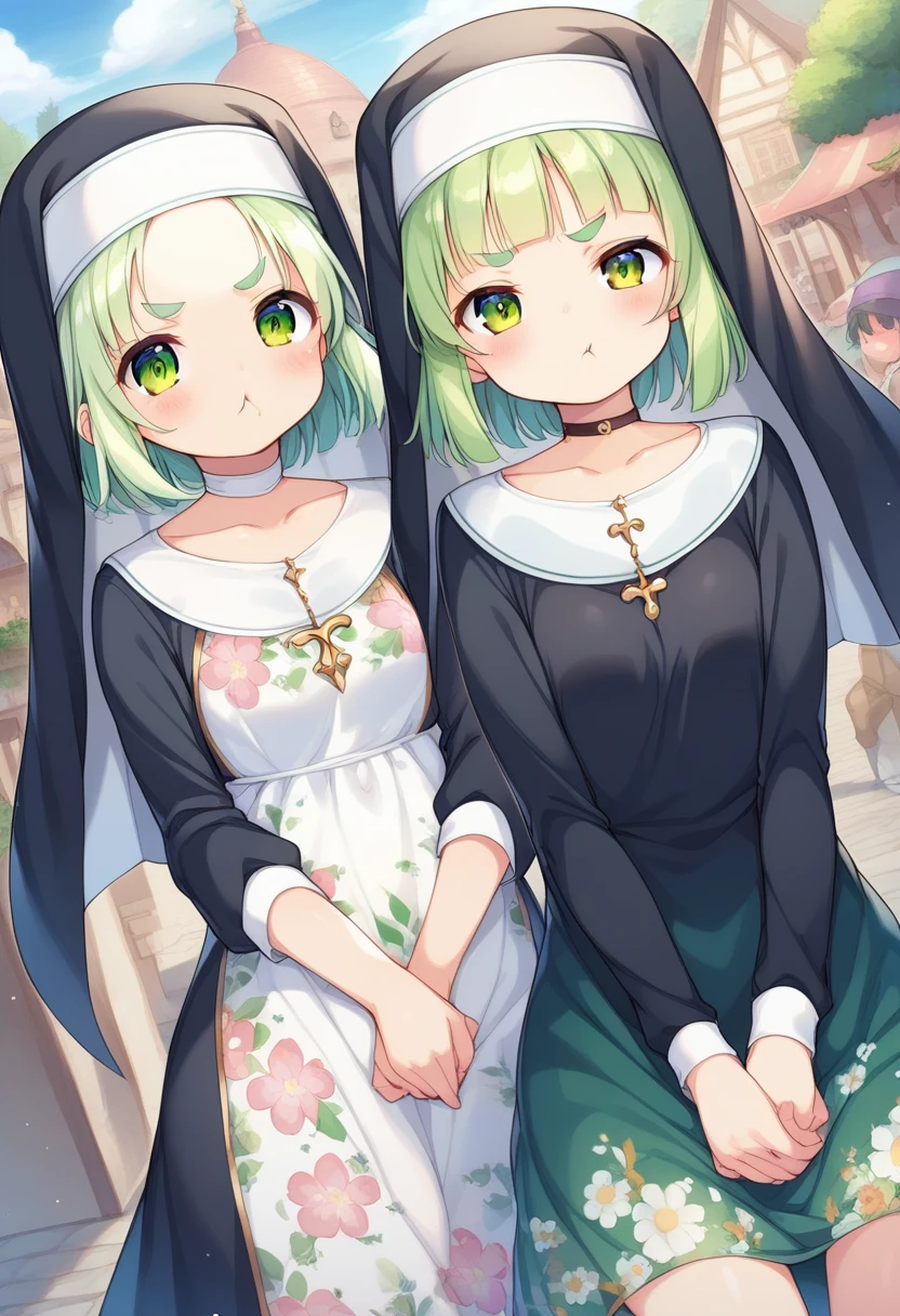score_9, ,score_7_up, score_6_up, 1girl, source_cartoon, source_anime,breathtalking Scenery,watercolor,smooth soft skin, natural skin,bwf
BREAK
(loli:1.4),(little female child:1.4), small breast,cute face, (loli toddler:1.1), 6 yo,kawaii, (highlight on eyes), (jiggly:0.8), shiny skin,beautiful eyes, detailed eyes, puffy eyes,
BREAK
(medium green hair:1.3),(green maro eyebrows:1.6),pouty and slightly grumpy,(pout:1.2), ::(, (jitome),(frown:0.6),white streaked hair, green eyes,
BREAK
from behind, behind shot,(Floral print nun dress), (pastel veil:1.2),choker,nun,excessive detailed collarbone,exposed collarbone, dynamicangle,
BREAK
As the cultural festival unfolded, the picturesque setting of the old town, with its cobblestone streets and ancient architecture, seemed to transport us back in time
