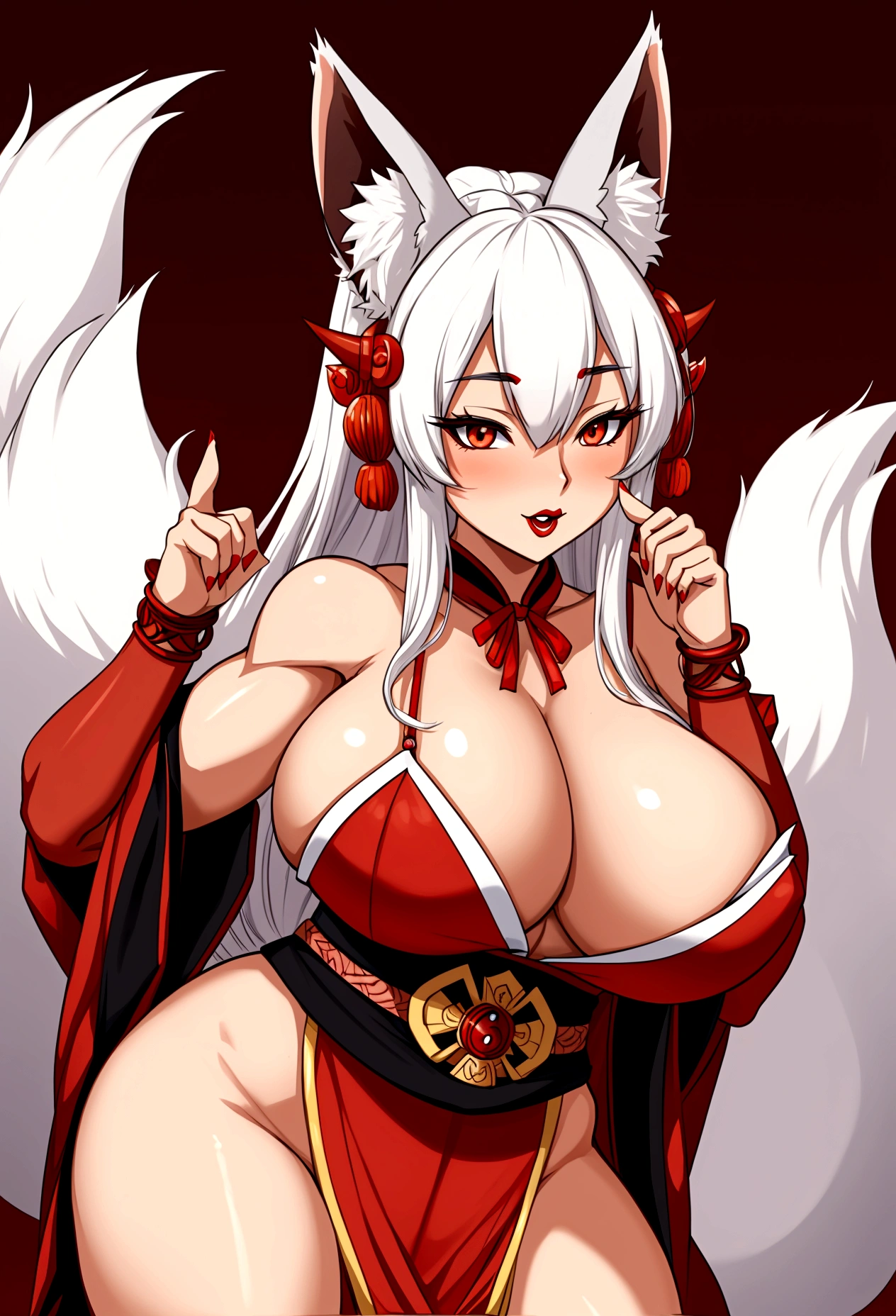 Fox girl extreme muscular body, geisha outfit, fair skin, fox ears, red oni horns, fox paws, 9 fluffy fox tails and gigantic breasts.