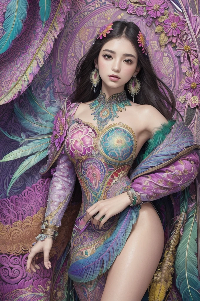 (masterpiece, top quality, best quality, official art, beautiful and aesthetic:1.2), (1girl:1.3), extremely detailed,(fractal art:1.1),(colorful:1.1)(flowers:1.3),highest detailed,(zentangle:1.2), full body, (abstract background:1.3), (shiny skin), (many colors:1.4), ,(earrings), (feathers:1.5),