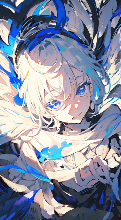 Top quality, delicate details, (emphasis on black and white), one girl, ninja, blue eyes, glassy eyes, soft lighting, high contrast, black and white shadow style, shadows with shading, Pure white background, splashes of ink, splashes of color, emphasis on light and space, expressing facial expressions and gestures with ink shading, emphasis on light and shadow, watercolor style,